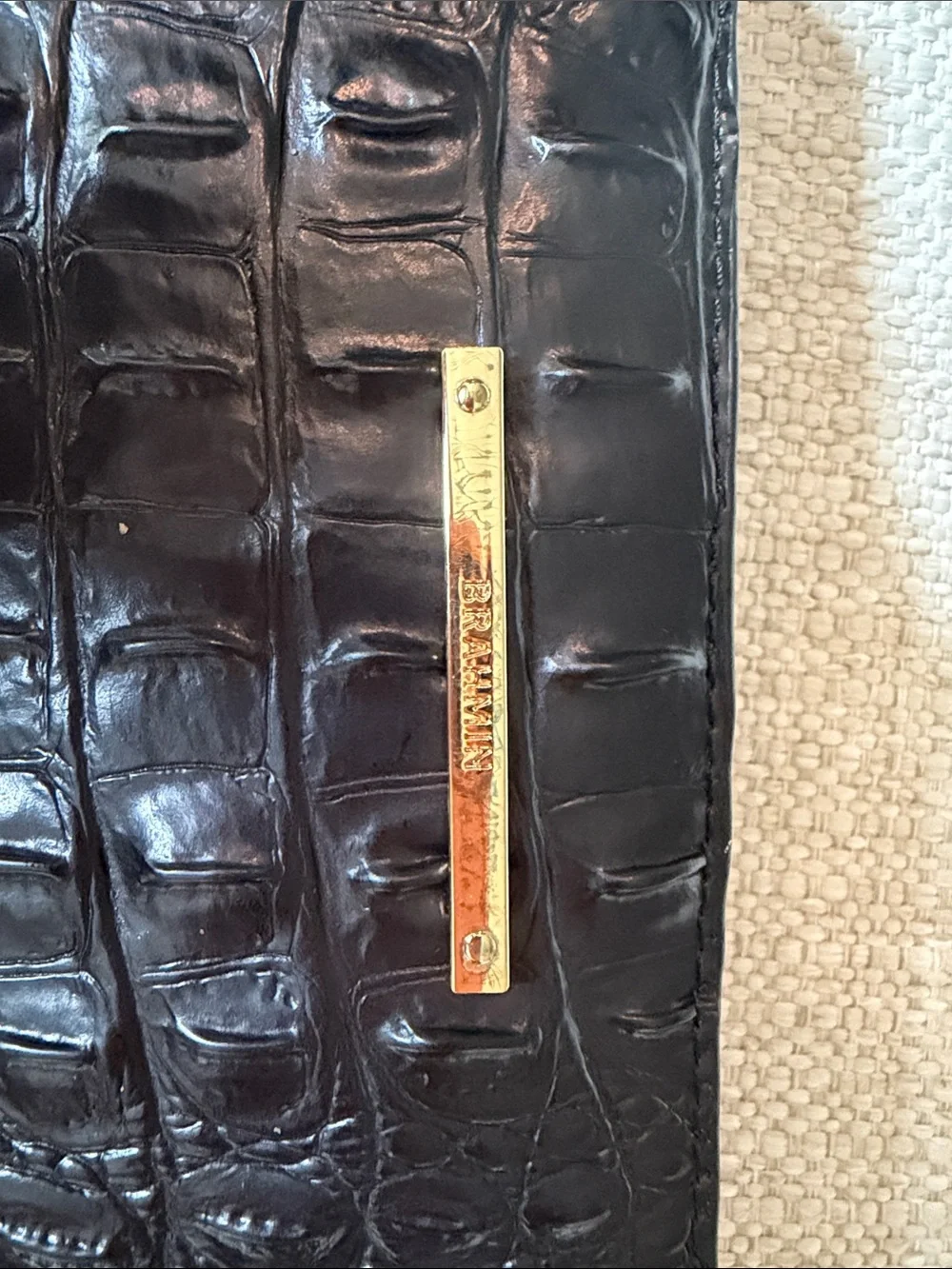 Brahmin Black Croc-Embossed Leather Zip Wallet with Gold Hardware